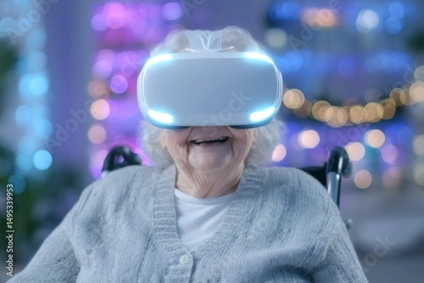 Fototapeta A virtual reality experience is being enjoyed by a woman in a wheelchair