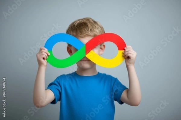 Fototapeta The concept of world autism awareness day is represented by a young kid with autism alongside an infinity rainbow symbol sign, embodying the autism rights movement and neurodiversity