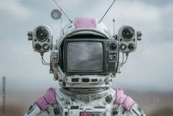 Fototapeta An astronaut dons a pink spacesuit and appears with a vintage television in a fantastical, skyward setting