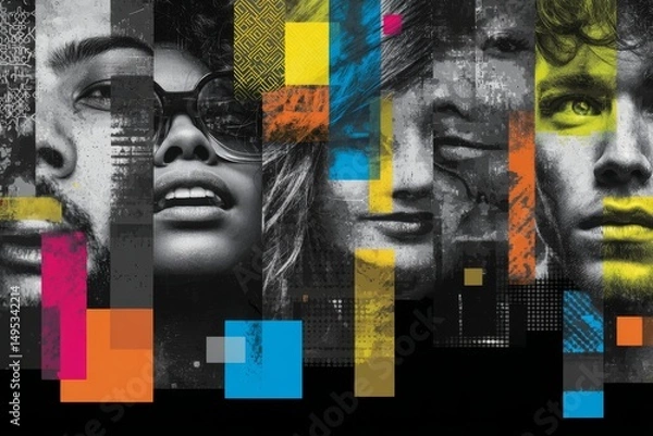 Fototapeta Portraits of four people from different cultural backgrounds are presented in a minimalist style against vibrant color block backdrops