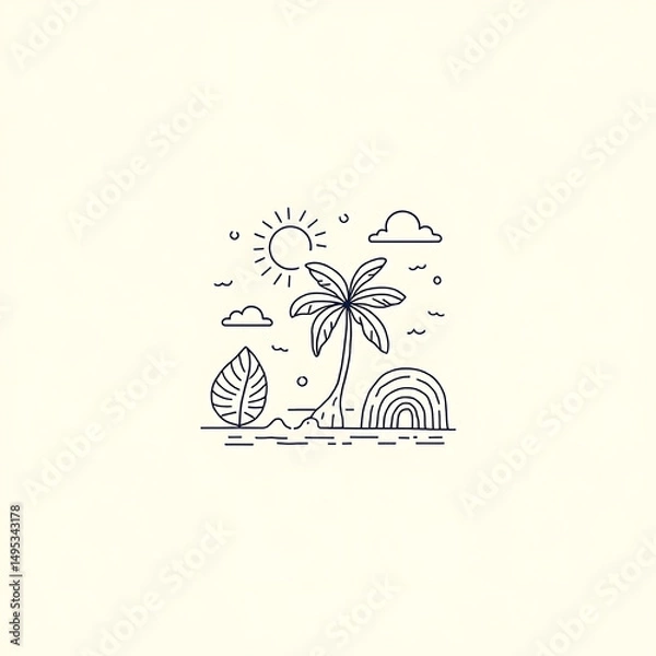 Obraz Minimalist Tropical Line Art Illustration in Blue on Beige – Palm Tree, Sun, Sea, and Monstera Leaf in Modern Abstract Style