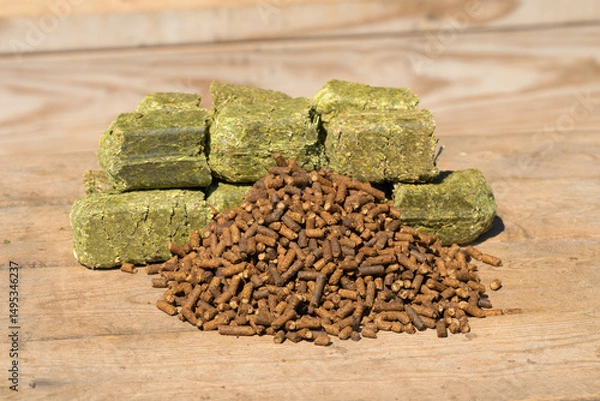 Obraz Senior horse feed; dark brown pelleted food with molasses in front, and green alfalfa cubes on the back; on wooden surface