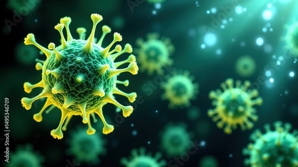 Fototapeta Close-up Illustration of Virus Structure with Green Glow and Details