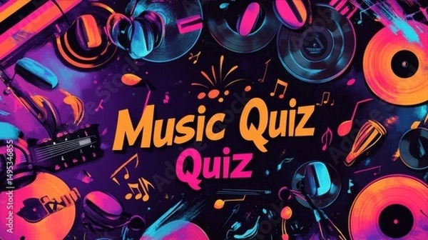 Fototapeta Vibrant Music Quiz Design with Retro Records and Musical Instruments for Entertainment Promotion