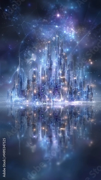 Fototapeta A blue planet and starry sky serve as the backdrop for a futuristic city filled with glowing lights and flying vehicles