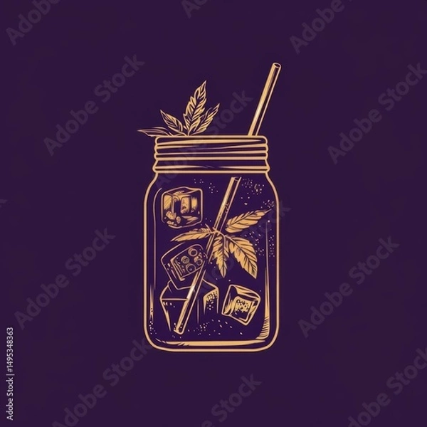 Fototapeta Refreshing Infusion of Mint and Ice Cubes in Glass Jar Drawing With Straw and Leaves Illustration