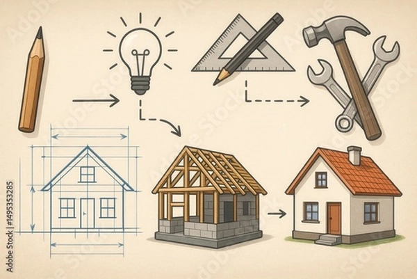 Fototapeta House building process starting from idea to blueprint and construction to finished house