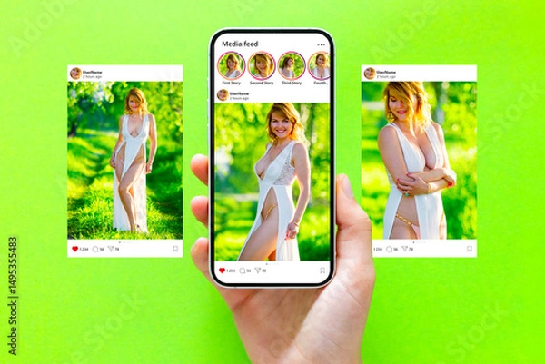 Fototapeta Sample social media posts on mobile phone