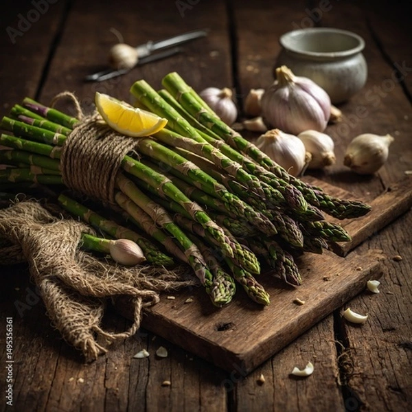 Obraz "Fresh asparagus spears tied together with twine, placed on a rustic wooden table with a few garlic cloves and lemon slices nearby, earthy tones and natural textures in focus"