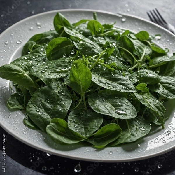 Obraz "A fresh bunch of spinach and arugula leaves spread across a white plate, tiny water droplets on the surface, soft morning light from a nearby window, clean and crisp realism"