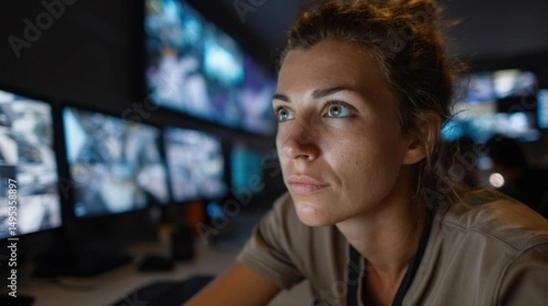 Obraz Security Surveillance: A focused operator, surrounded by a bank of monitors displaying live security camera feeds, exemplifies vigilance and attentiveness in a dimly lit control room. 