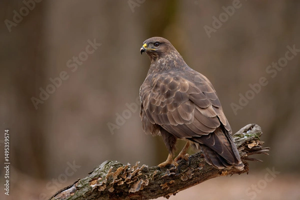 Obraz Common buzzard perched on a branch with neutral background