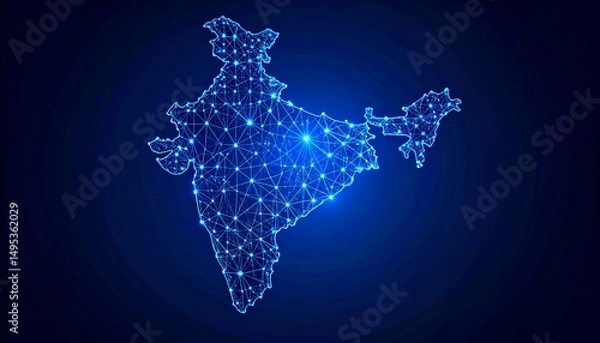 Fototapeta blue wireframe dots India map — great for digital infrastructure, data visualization, and tech themes: