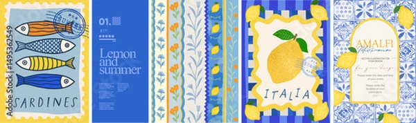 Fototapeta Summer. Lemons. Amalfi. Vector illustration of sardine fish, Mediterranean seamless pattern, Italian blue ceramics and tiles, lemons for invitation, poster, background, postage stamp or card