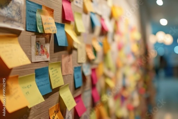 Fototapeta Colorful Sticky Notes on Wall, Brainstorming and Planning for Business Strategy and Project Management : Generative AI