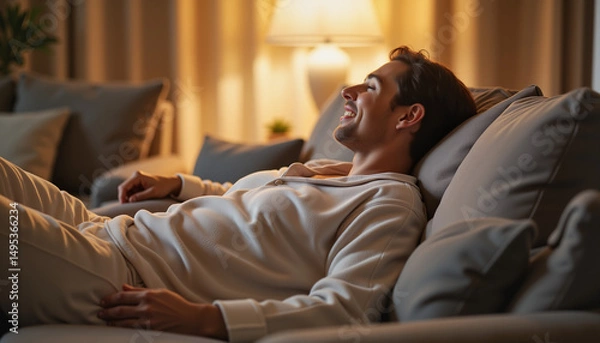 Fototapeta Relaxed man enjoying evening on cozy couch, warmth and comfort