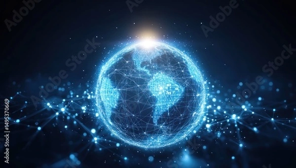 Fototapeta Global network connection, digital data flows, dark background, futuristic technology concept