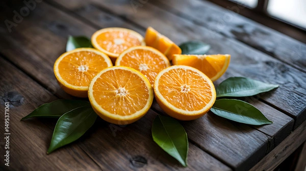Fototapeta Freshly Cut Oranges on Rustic Wooden Surface with Natural Lighting and Texture.