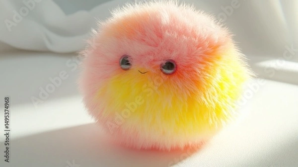 Obraz Fluffy pink-yellow pompom toy sits on white surface, sunlight