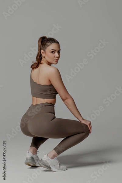 Fototapeta Fitness enthusiast performing a squat in stylish activewear during a studio session