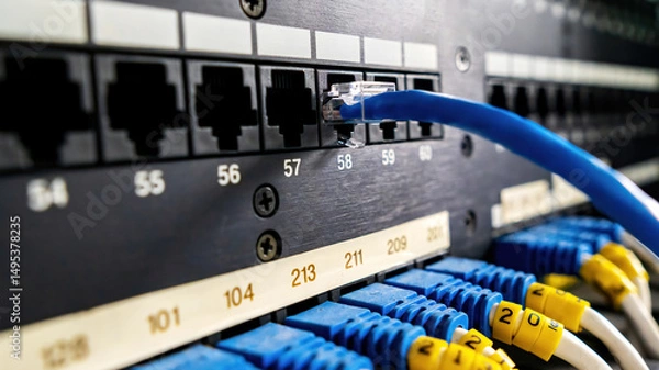 Obraz A prominent CAT6 LAN cable stands out clearly on a network patch panel, showcasing modern data infrastructure and organized cabling in a professional IT environment.  structured networks