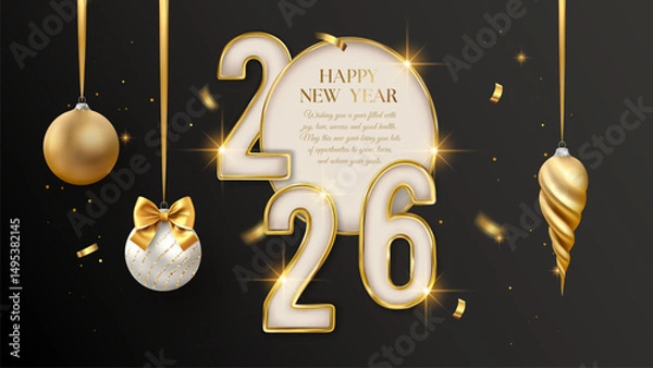 Fototapeta 2026 Happy New Year Realistic 3d Number Golden Text Banner with Christmas Decorations Frame Confetti Background Greeting Invitation Luxury Vector