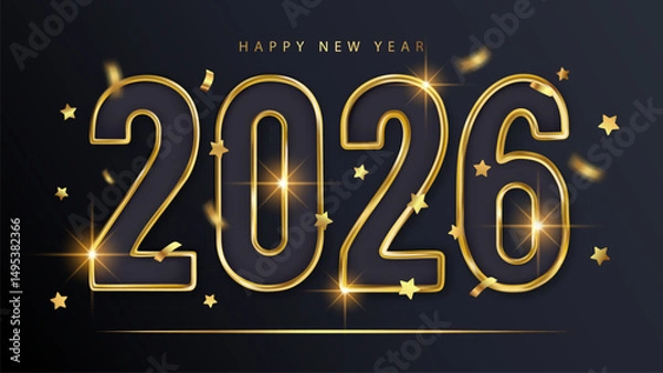 Fototapeta 2026 Happy New Year Realistic 3d Number Golden Text Banner Background Star Confetti Greeting Invitation Luxury Vector