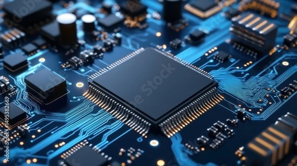 Fototapeta Close-Up of Microchip on Circuit Board with Blue Light Background