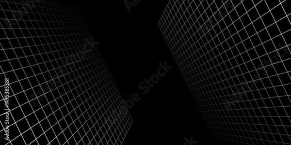 Fototapeta Minimalist 3D grid frame vector tunnel illustration retro futurism brutalism poster background, empty frame concept black and white