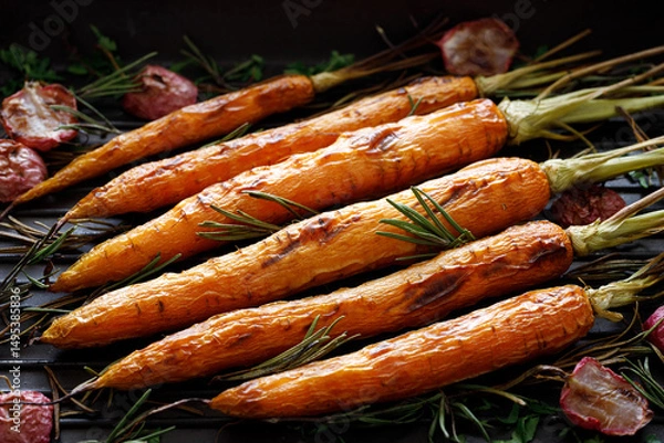 Fototapeta Grilled carrots with aromatic herbs on grill plate, close-up view