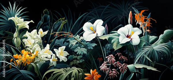 Fototapeta Luxurious vintage floral  flower with botanical in digital painting or etching holotone printing color style.beautiful illustration flower blooming in dark background