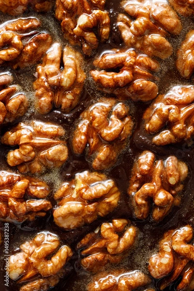 Obraz Chocolate and caramel dipped walnut halves, close-up view