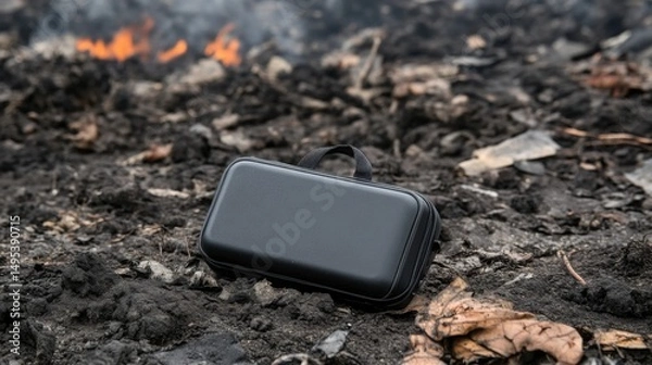 Fototapeta Black Storage Case on Charred Ground Surrounded by Smoldering Ashes and Flames