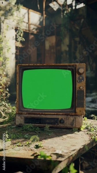 Fototapeta Old TV with green screen and copy space vertically 9:16