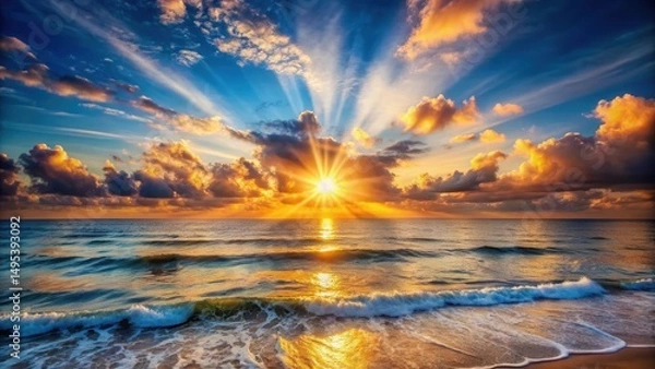 Obraz A majestic sunrise unfolds over a serene ocean landscape with radiant sunbeams illuminating the waves and sky, peaceful atmosphere, ocean