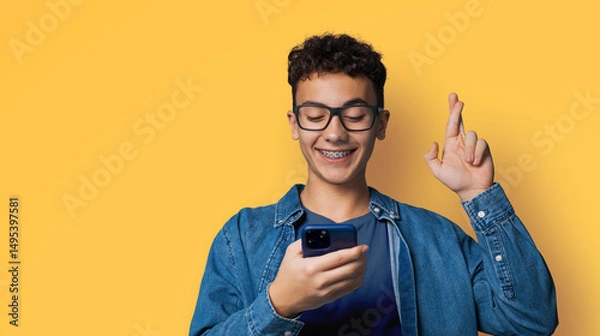 Fototapeta Image - smiling funny young man in braces, glasses hold typing text look read cell phone cellular smartphone cellphone, crossing fingers, pray hope for good luck isolate orange yellow background