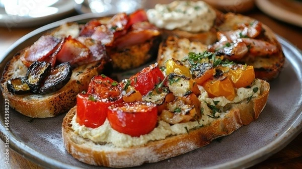 Obraz variety of tartines on a plate, showcasing different fillings like roasted vegetables, hummus, and smoked trout.