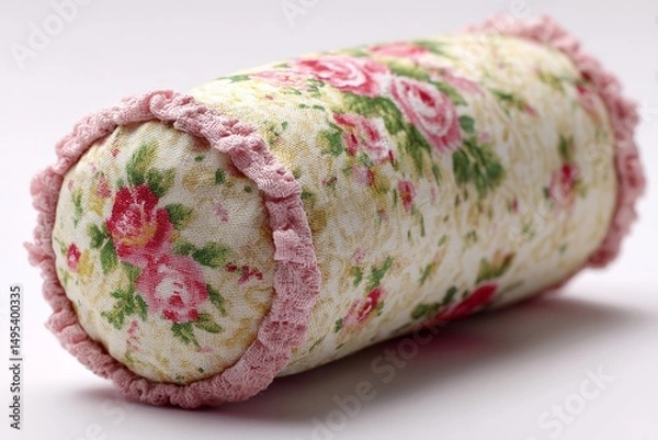 Fototapeta Decorative floral pillow in pastel colors with ruffled edges resting on a neutral surface