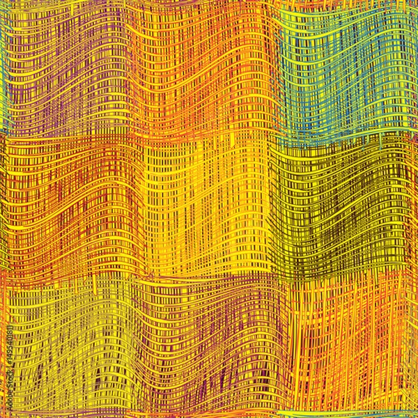 Fototapeta Seamless colorful checkered pattern with grunge striped  wavy weave square elements