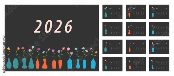 Fototapeta 2026 Floral Calendar Template. Week starts on Monday. Replaceable text. Landscape resolution