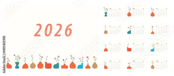 Fototapeta 2026 Floral Calendar Template. Week starts on Monday. Replaceable text. Landscape resolution