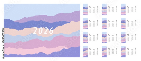 Fototapeta 2026 Mountain Calendar Template. Week starts on Monday. Replaceable text. Landscape resolution