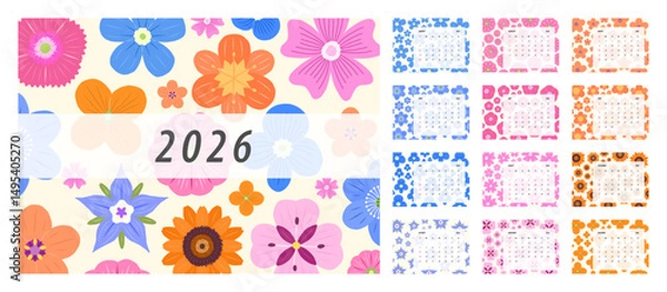Fototapeta 2026 Floral Calendar Template. Week starts on Monday. Replaceable text. Landscape resolution