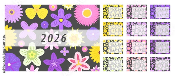 Fototapeta 2026 Floral Calendar Template. Week starts on Monday. Replaceable text. Landscape resolution