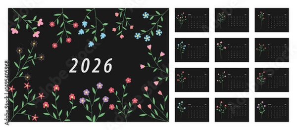 Fototapeta 2026 Floral Calendar Template. Week starts on Monday. Replaceable text. Landscape resolution
