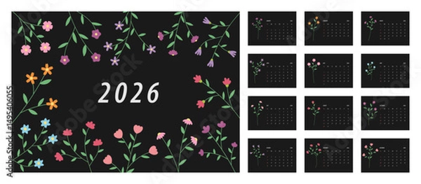 Fototapeta 2026 Floral Calendar Template. Week starts on Monday. Replaceable text. Landscape resolution