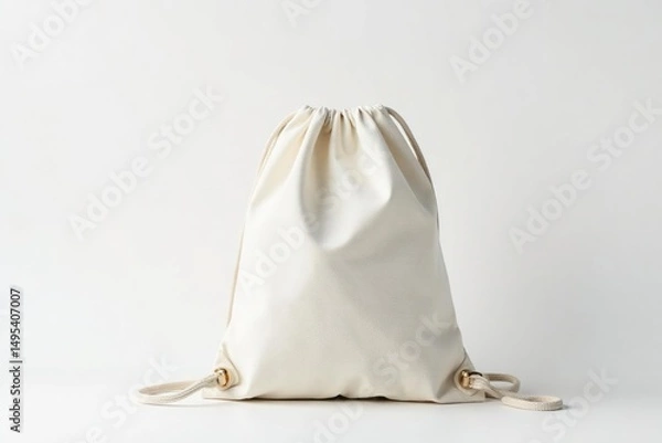 Obraz Small canvas drawstring backpack, white background , handmade bag, lightweight bag, cotton bag
