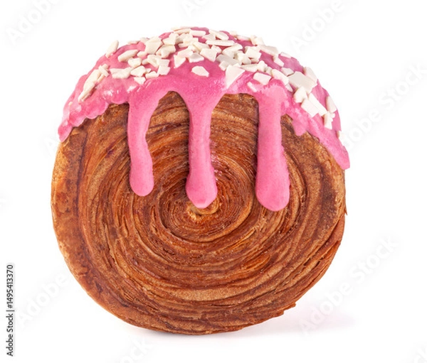 Fototapeta Creme-filled circular croissants (summer berries) with filling and pink strawberries glaze. Round French or New-York Roll croissants isolated on white background