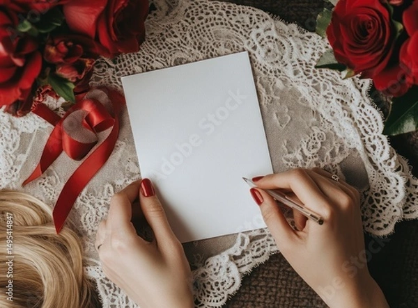 Obraz Woman's hands writing a letter on blank card surrounded by red roses and lace.