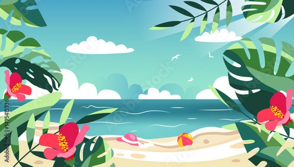Fototapeta Summer background with coast, flowers and tropical trees foliage in vector, flat style.